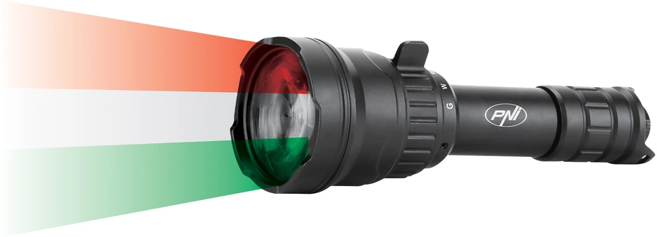 PNI Adventure F300 LED žibintuvėlis, 3 spalvos: balta, raudona, žalia, atstumas 500 m, šviesos srautas 540 lm, 18650 3000mAh baterija komplekte, baterijos įkroviklis komplekte, priartinimo ir šviesos intensyvumo reguliavimo funkcija