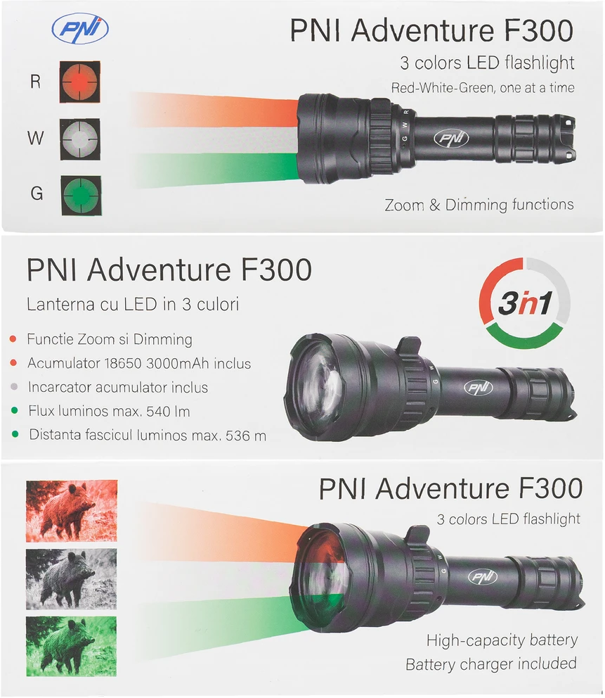 PNI Adventure F300 žibintuvėlio rinkinys su 3 spalvų LED, balta, raudona, žalia, maks. 10W, IPX6 ir pridedamu lipniu vėliavėlės laikikliu