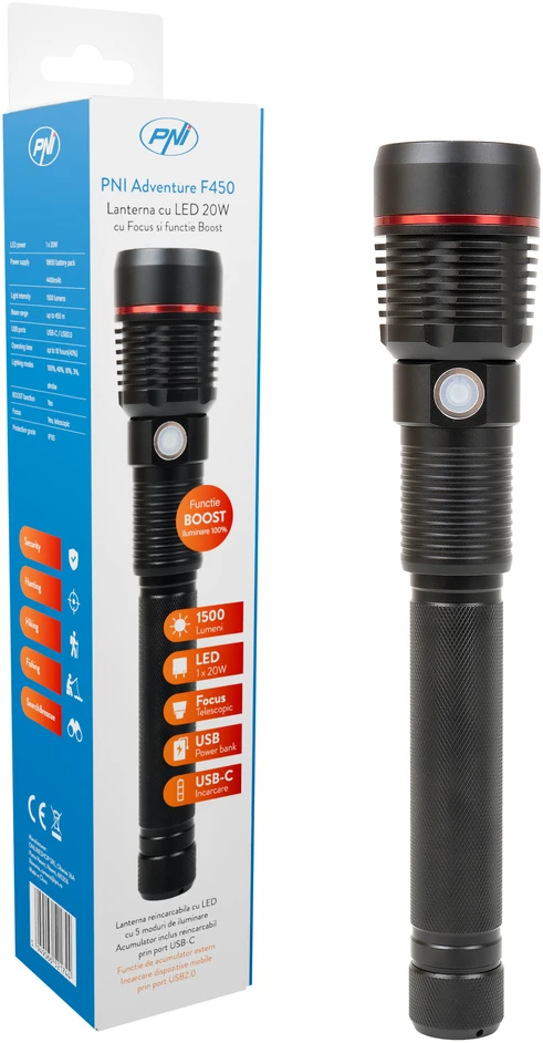 PNI Adventure F450 aliumininis žibintuvėlis su fokusavimo ir BOOST funkcija, 20 W LED, 1500 lm iki 450 m, išorinė baterija su USB išvestimi, micro USB įkrovimas, 4400 mAh baterija komplekte, veikia 10 valandų nepertraukiamai