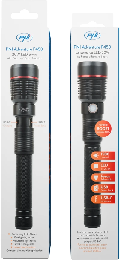 PNI Adventure F450 aliumininis žibintuvėlis su fokusavimo ir BOOST funkcija, 20 W LED, 1500 lm iki 450 m, išorinė baterija su USB išvestimi, micro USB įkrovimas, 4400 mAh baterija komplekte, veikia 10 valandų nepertraukiamai