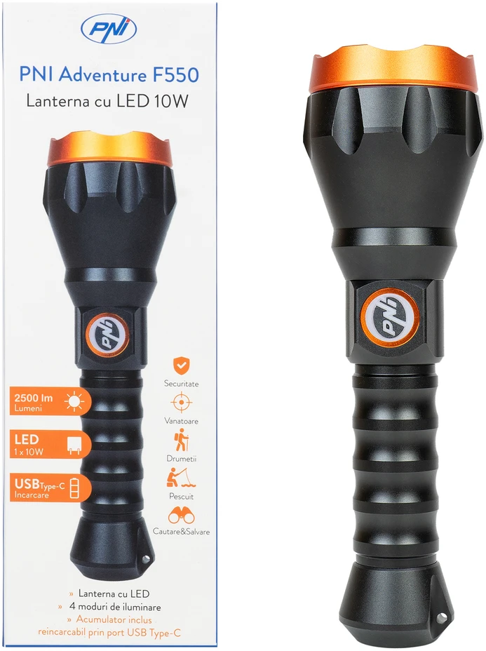 PNI Adventure F550 Crystal LED žibintuvėlis, 10W, aliuminis, 500lm, iki 700m, IPX6, 4000mAh baterija komplekte, USB Type-C įkrovimas