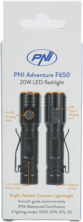 PNI Adventure F650 LED žibintuvėlis su 20W LED, 2000lm, aliuminis, IPX6, baterija pridedama, USB C tipo įkrovimas