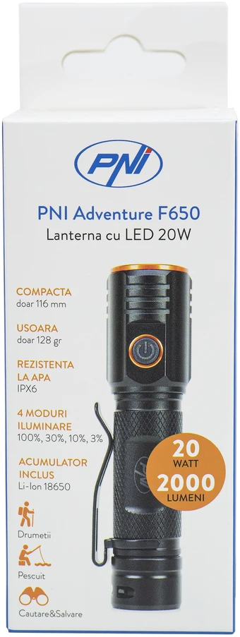 PNI Adventure F650 LED žibintuvėlis su 20W LED, 2000lm, aliuminis, IPX6, baterija pridedama, USB C tipo įkrovimas