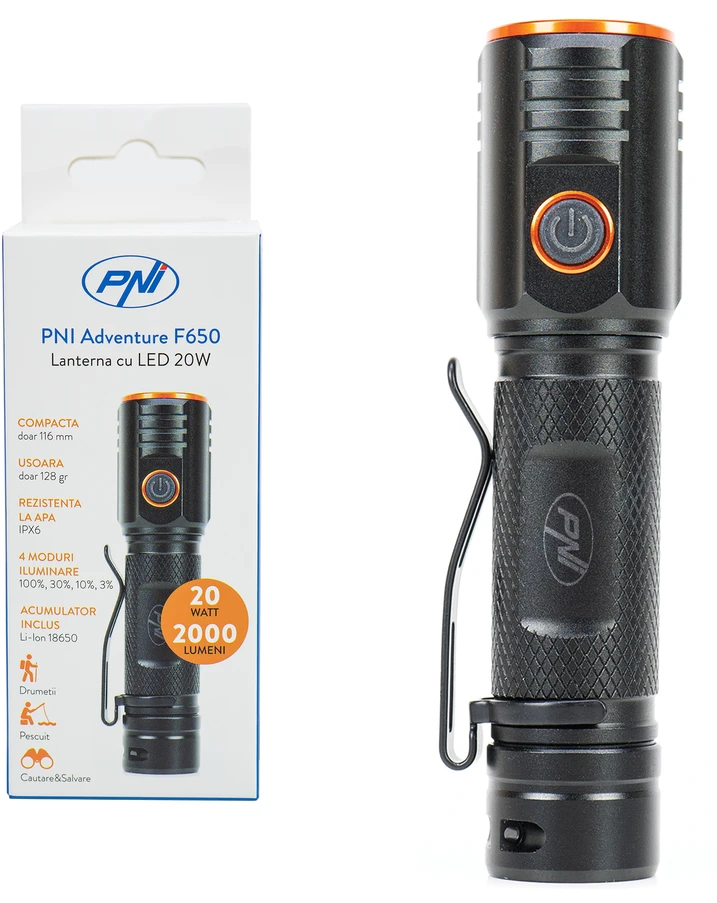 PNI Adventure F650 LED žibintuvėlis su 20W LED, 2000lm, aliuminis, IPX6, baterija pridedama, USB C tipo įkrovimas