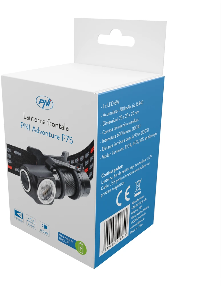 PNI Adventure F75 priekinis žibintuvėlis su 6W, 600 lm LED, aliuminis, su baterija ir USB magnetiniu įkrovikliu
