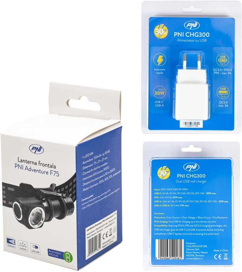 PNI Adventure F75 priekinis žibintuvėlis su 6W LED, 600 lm, pagamintas iš aliuminio, su baterija ir PNI CHG300 maitinimo adapteriu su USB C prievadu, QC3.0, PD3.0, PPS ir USB-A prievadu, 30W