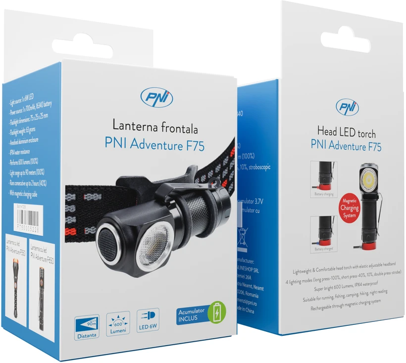 PNI Adventure F75 priekinis žibintuvėlis su 6W, 600 lm LED, aliuminis, su baterija ir USB magnetiniu įkrovikliu