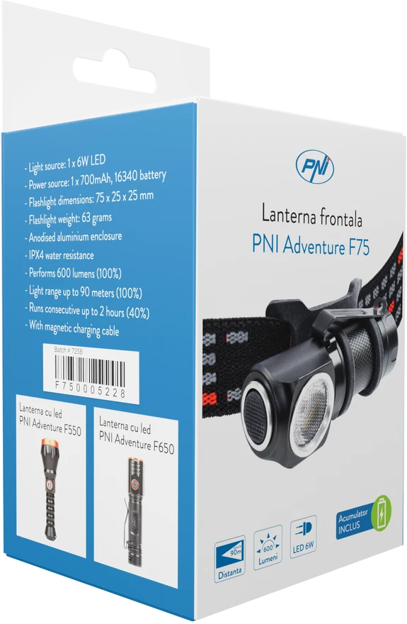 PNI Adventure F75 priekinis žibintuvėlis su 6W, 600 lm LED, aliuminis, su baterija ir USB magnetiniu įkrovikliu