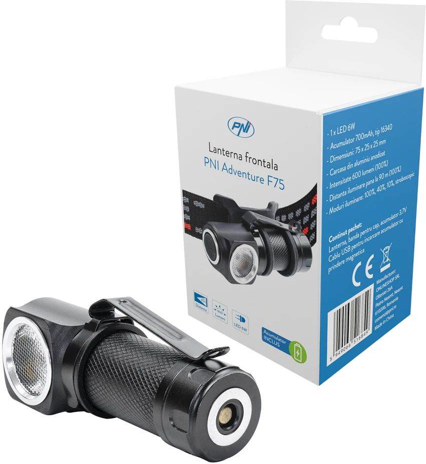 PNI Adventure F75 priekinis žibintuvėlis su 6W, 600 lm LED, aliuminis, su baterija ir USB magnetiniu įkrovikliu