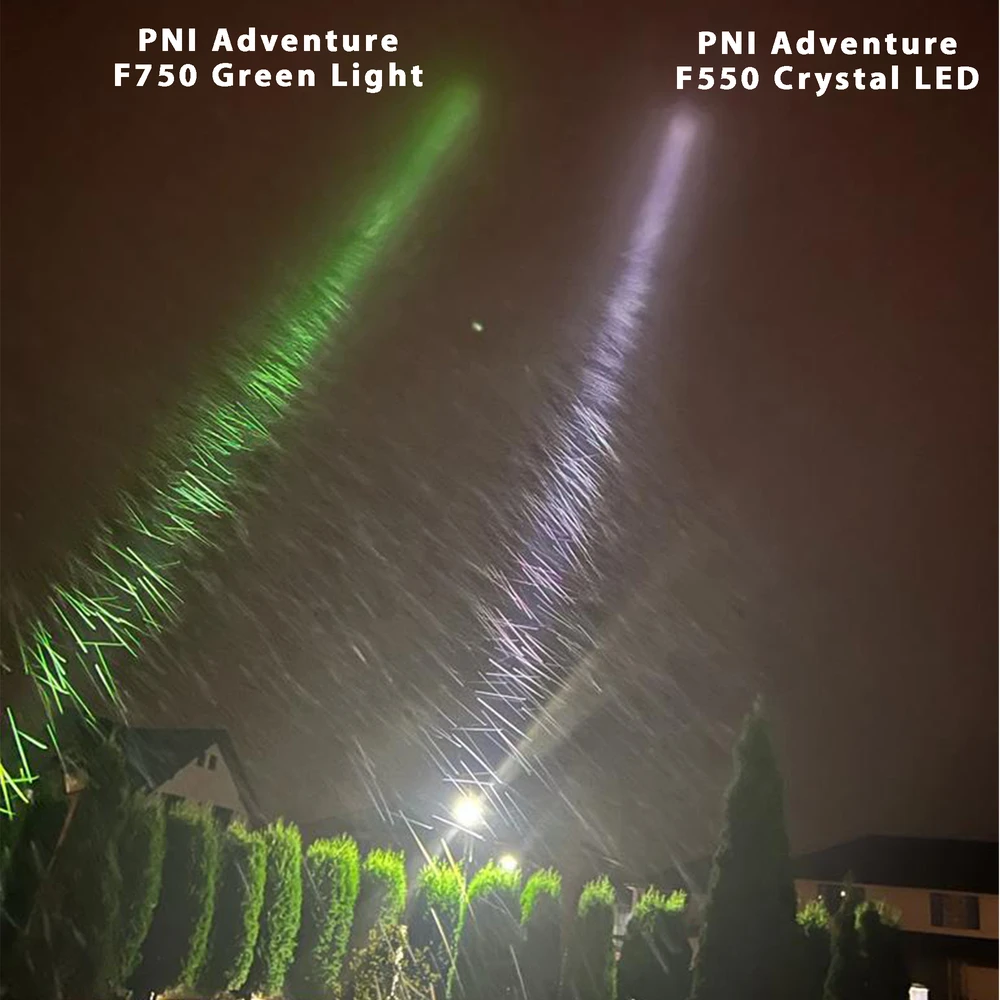 PNI Adventure F750 aliumininis žibintuvėlis su žalia šviesa, LED 10W, 500 lm, iki 850 m, IP44, komplekte 4000mAh baterija, įkrovimas per USB Type-C, žalia šviesa puikiai tinka medžioklei