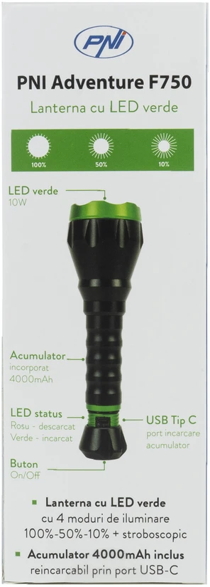 PNI Adventure F750 aliumininis žibintuvėlis su žalia šviesa, LED 10W, 500 lm, iki 850 m, IP44, komplekte 4000mAh baterija, įkrovimas per USB Type-C, žalia šviesa puikiai tinka medžioklei