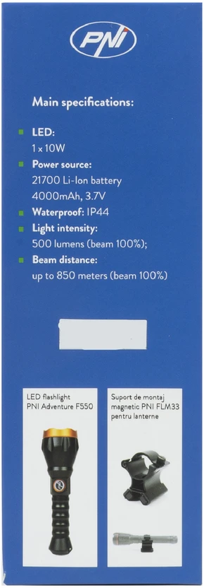 PNI Adventure F750 aliumininis žibintuvėlis su žalia šviesa, LED 10W, 500 lm, iki 850 m, IP44, komplekte 4000mAh baterija, įkrovimas per USB Type-C, žalia šviesa puikiai tinka medžioklei