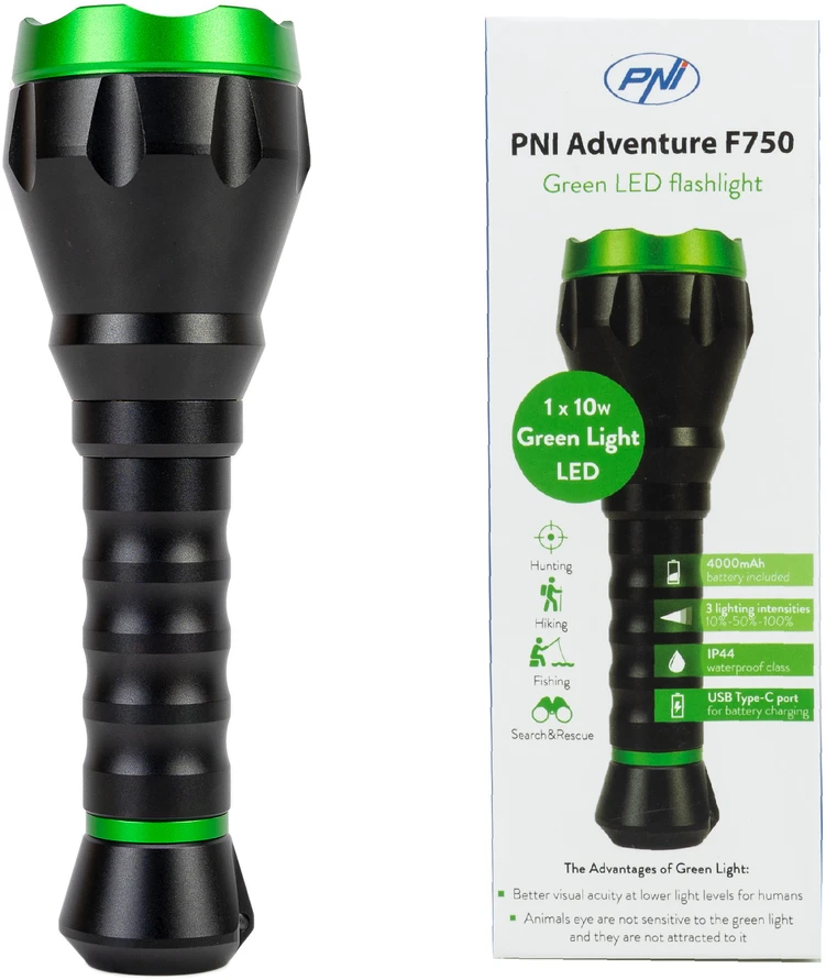 PNI Adventure F750 aliumininis žibintuvėlis su žalia šviesa, LED 10W, 500 lm, iki 850 m, IP44, komplekte 4000mAh baterija, įkrovimas per USB Type-C, žalia šviesa puikiai tinka medžioklei
