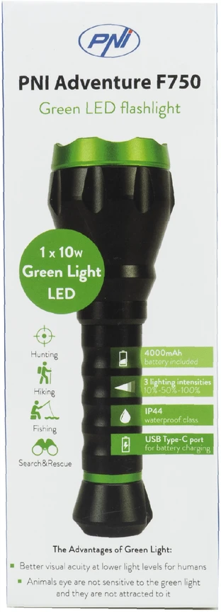 PNI Adventure F750 aliumininis žibintuvėlis su žalia šviesa, LED 10W, 500 lm, iki 850 m, IP44, komplekte 4000mAh baterija, įkrovimas per USB Type-C, žalia šviesa puikiai tinka medžioklei