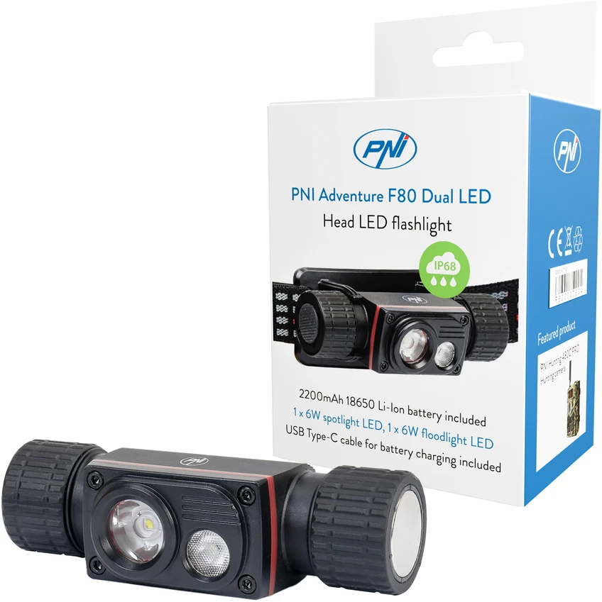 PNI Adventure F80 dvigubas LED galvos žibintuvėlis, 1000 lm, 6W, 2200 mAh, IP68