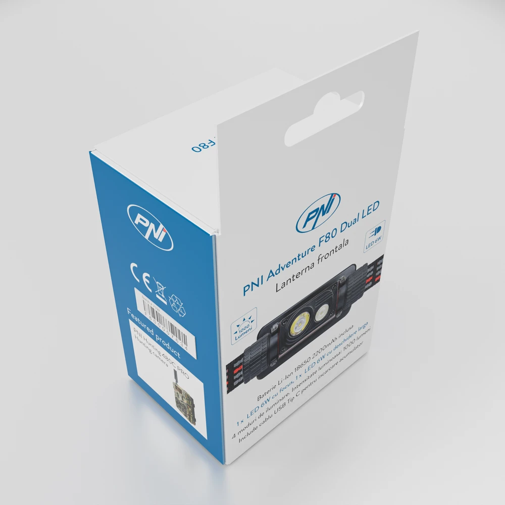 PNI Adventure F80 dvigubas LED galvos žibintuvėlis, 1000 lm, 6W, 2200 mAh, IP68