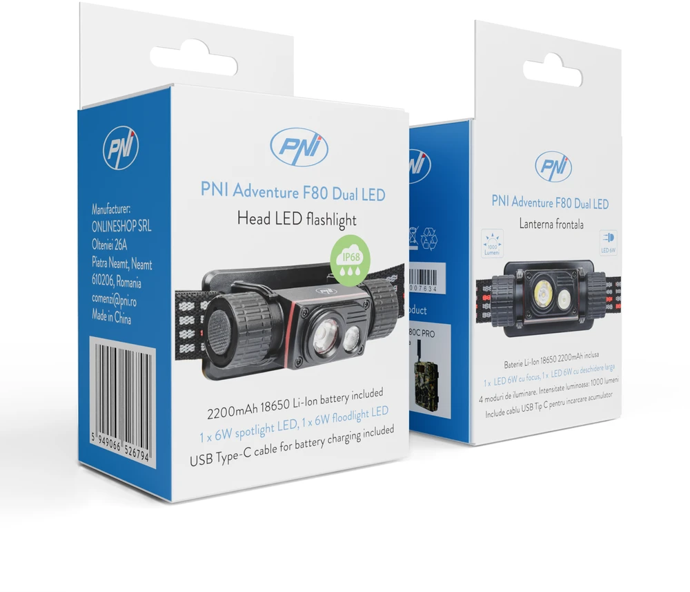 PNI Adventure F80 dvigubas LED galvos žibintuvėlis, 1000 lm, 6W, 2200 mAh, IP68