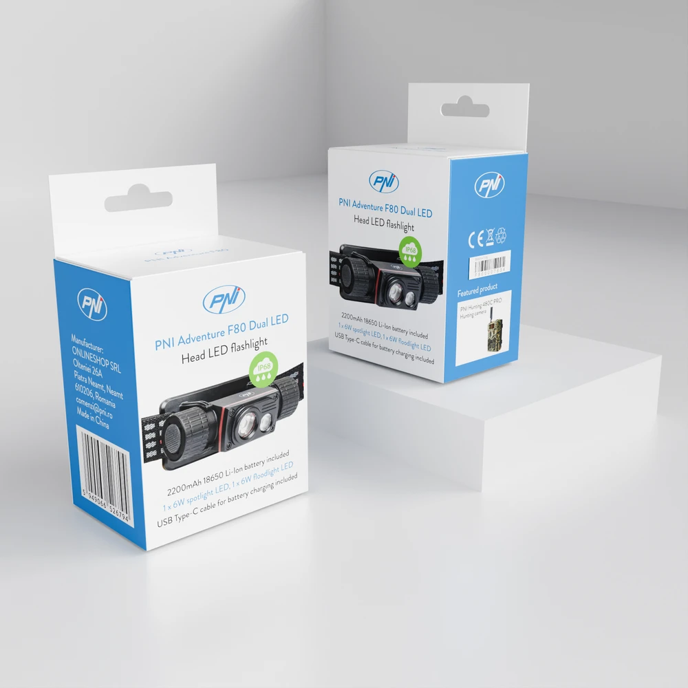 PNI Adventure F80 dvigubas LED galvos žibintuvėlis, 1000 lm, 6W, 2200 mAh, IP68