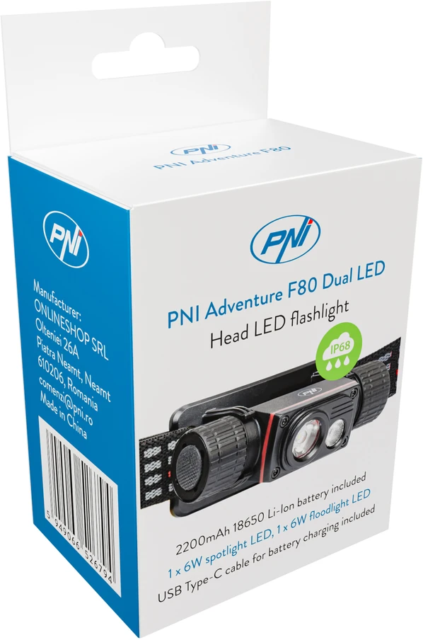 PNI Adventure F80 dvigubas LED galvos žibintuvėlis, 1000 lm, 6W, 2200 mAh, IP68