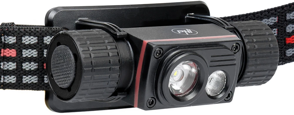 PNI Adventure F80 dvigubas LED galvos žibintuvėlis, 1000 lm, 6W, 2200 mAh, IP68, pakuotėje yra PNI CHG300 maitinimo šaltinis