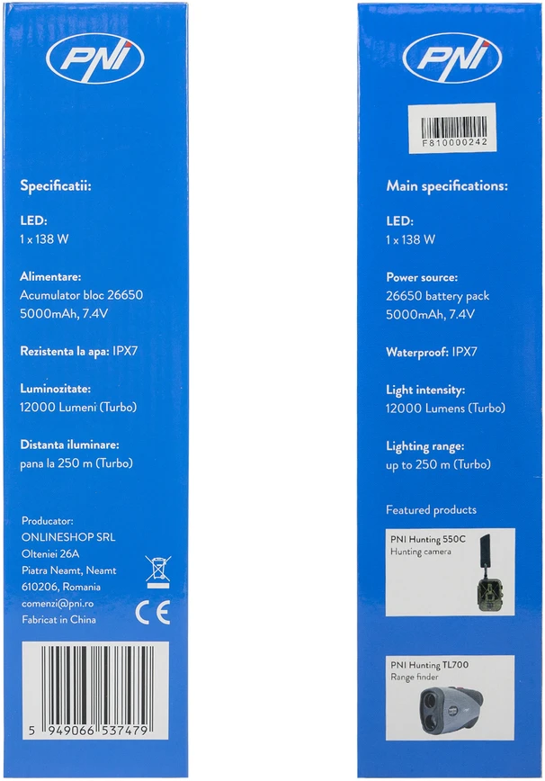 PNI Adventure F810 žibintuvėlis su 138 W LED, 3 apšvietimo lygiais ir „Turbo“ režimu, 12000 liumenų, priartinimo funkcija, iki 250 m, 5000 mAh baterija, IPX7, „Power Bank“ funkcija