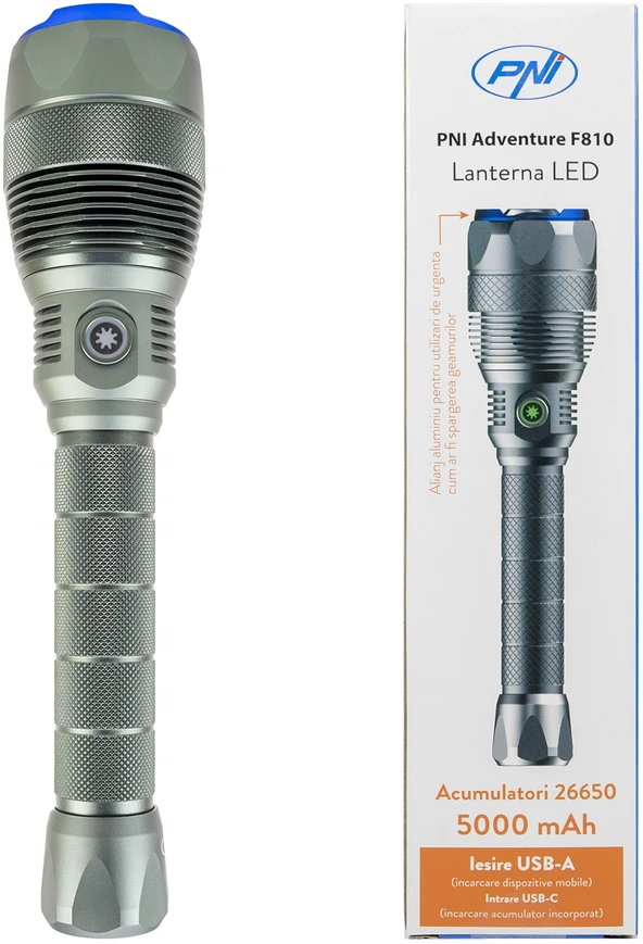PNI Adventure F810 žibintuvėlis su 138 W LED, 3 apšvietimo lygiais ir „Turbo“ režimu, 12000 liumenų, priartinimo funkcija, iki 250 m, 5000 mAh baterija, IPX7, „Power Bank“ funkcija