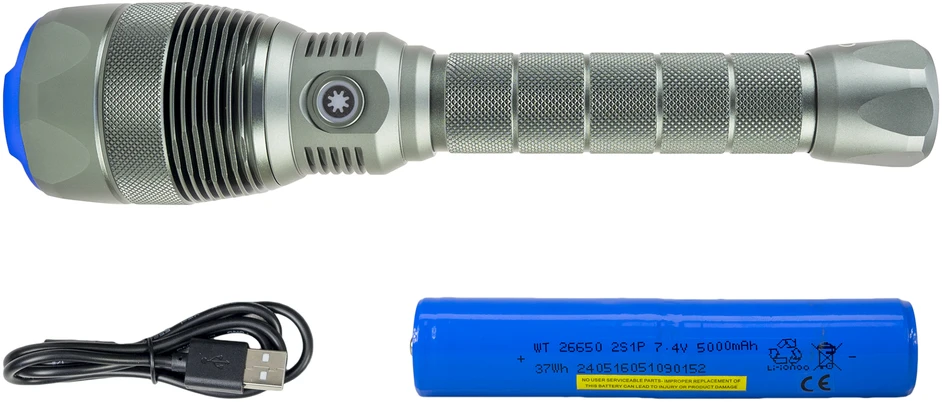 PNI Adventure F810 žibintuvėlis su 138 W LED, 3 apšvietimo lygiais ir „Turbo“ režimu, 12000 liumenų, priartinimo funkcija, iki 250 m, 5000 mAh baterija, IPX7, „Power Bank“ funkcija