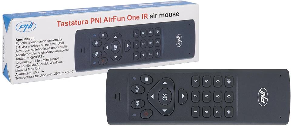 PNI AirFun One IR oro pelė su klaviatūra ir mini QWERTY klaviatūra kompiuteriui, mini PC ir medijos leistuvui