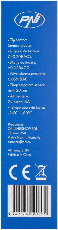 PNI AT188 alkoholio detektorius su LCD ekranu, garsiniu ir šviesos signalu