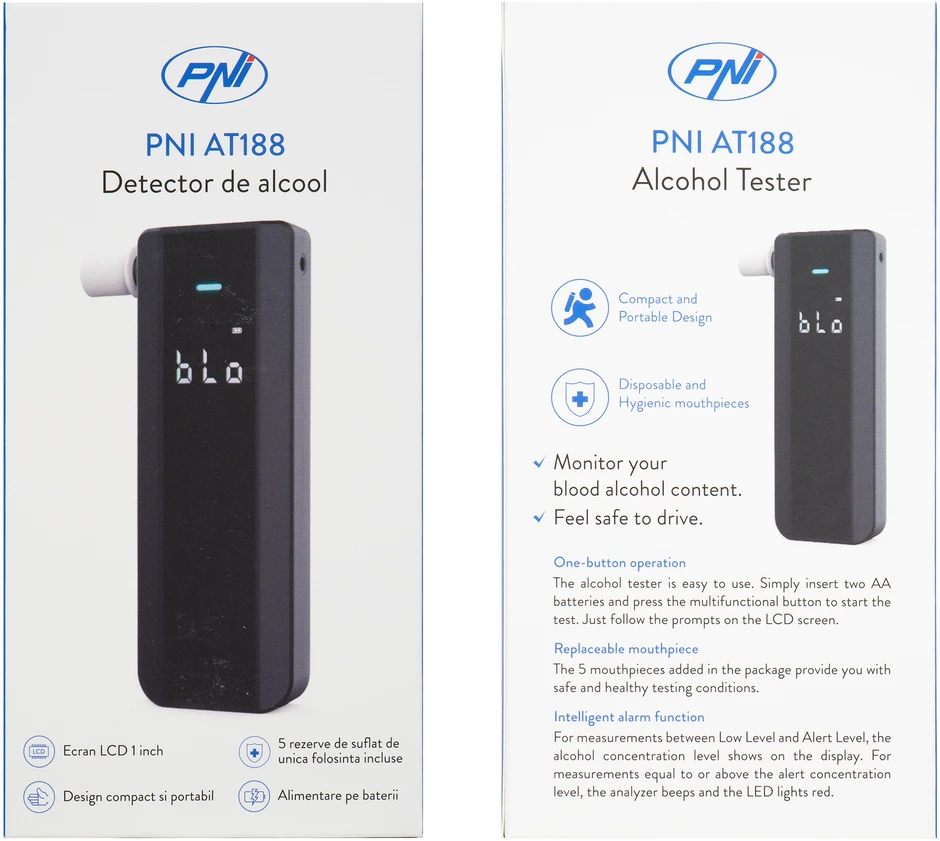 PNI AT188 alkoholio detektorius su LCD ekranu, garsiniu ir šviesos signalu