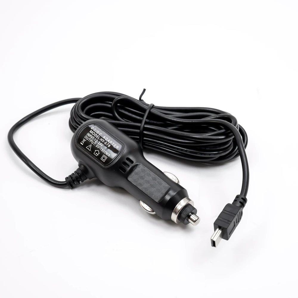 PNI automobilinis įkroviklis su miniUSB lizdu 12V / 24V – 5V 1.5A, laido ilgis 3.5m, skirtas automobiliniam DVR