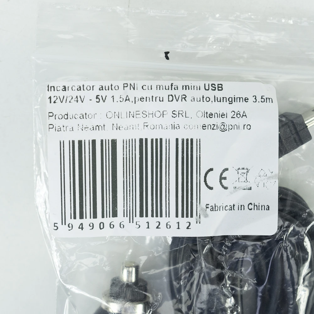 PNI automobilinis įkroviklis su miniUSB lizdu 12V / 24V – 5V 1.5A, laido ilgis 3.5m, skirtas automobiliniam DVR
