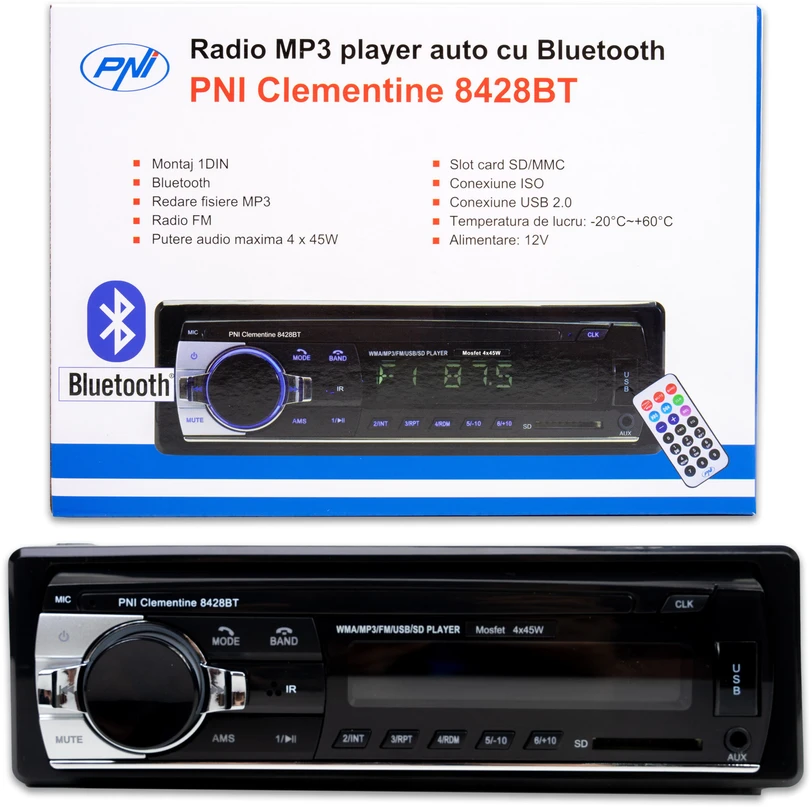 PNI Automobilinis MP3 grotuvas Clementine 8428BT 4x45W 1 DIN su SD, USB, AUX, RCA ir Bluetooth