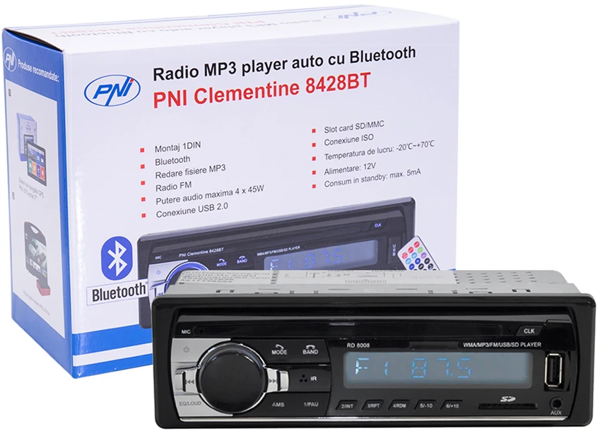 PNI Automobilinis MP3 grotuvas Clementine 8428BT 4x45W 1 DIN su SD, USB, AUX, RCA ir Bluetooth