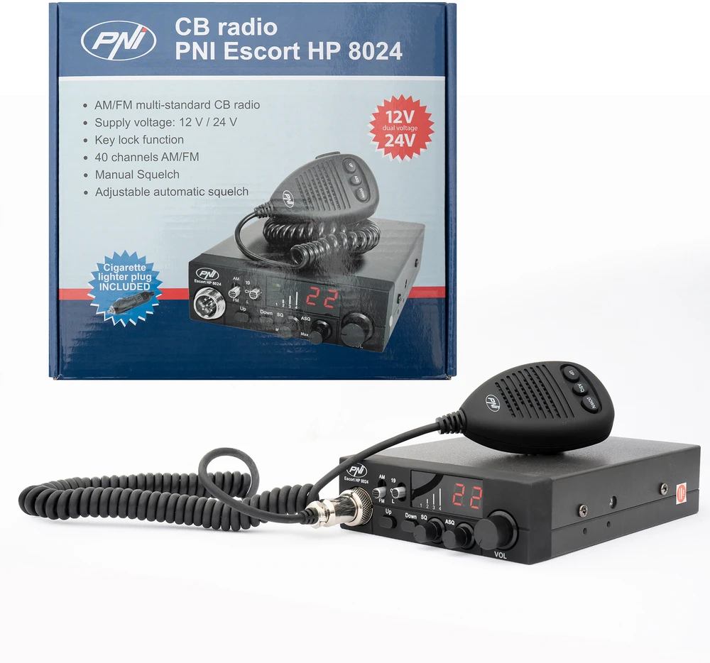 PNI CB radijo stotelė HP 8024 Escort su reguliuojamu ASQ ir 12V-24V maitinimo šaltiniu