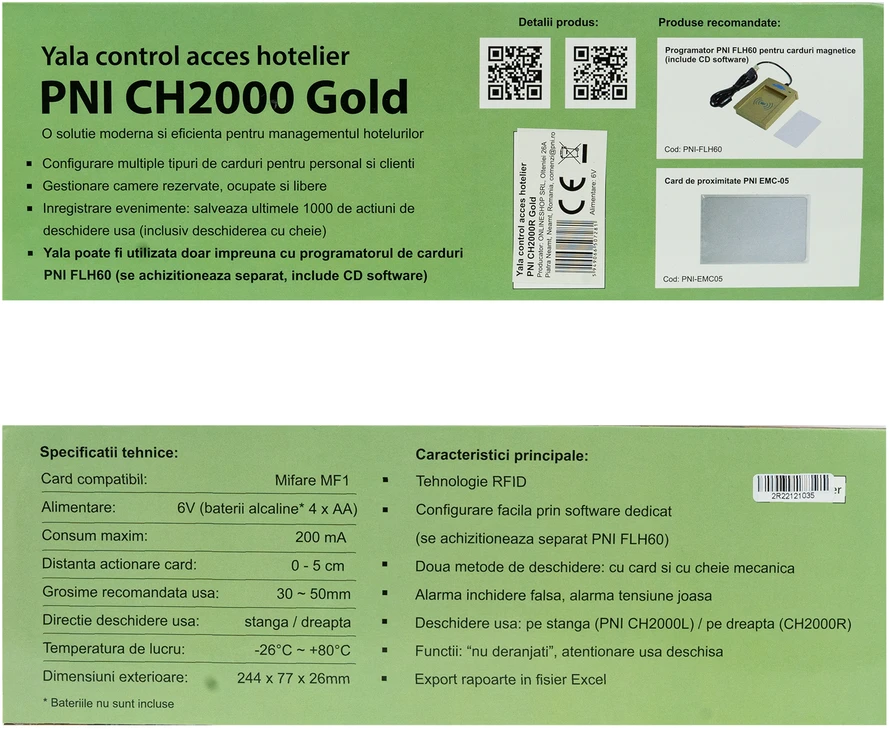 PNI CH2000R Gold viešbučio elektroninė spyna su kortelių skaitytuvu dešinėje pusėje