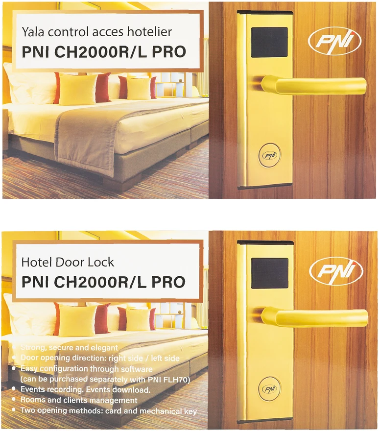 PNI CH2000R PRO Gold viešbučio durų užraktas su kortelių skaitytuvu, atidaromas į dešinę pusę