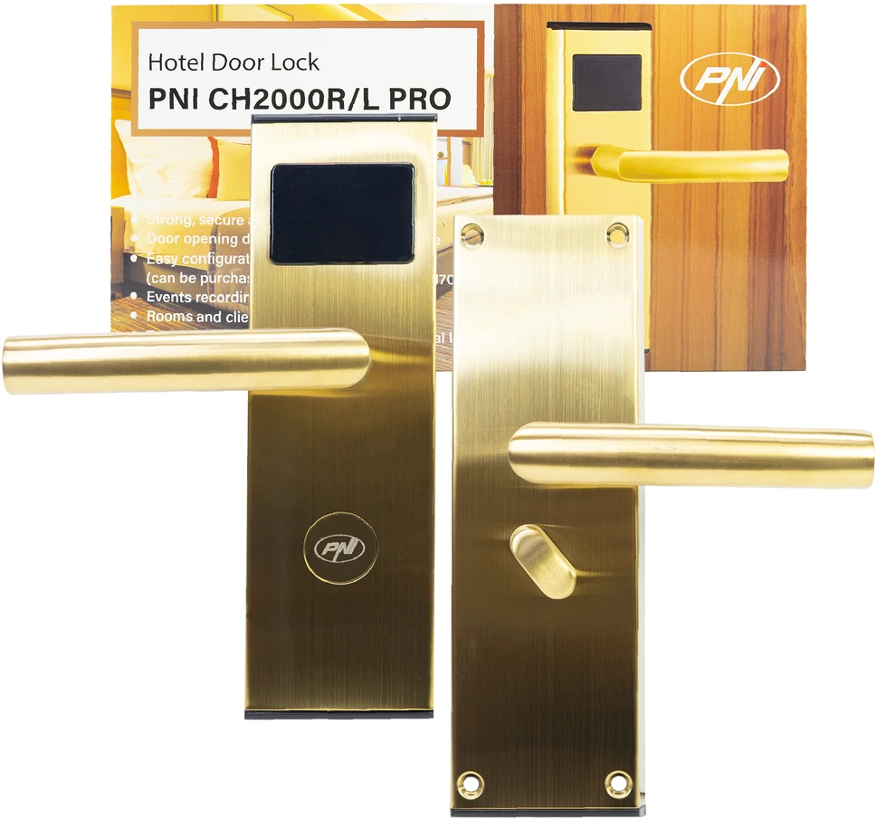 PNI CH2000R PRO Gold viešbučio durų užraktas su kortelių skaitytuvu, atidaromas į dešinę pusę