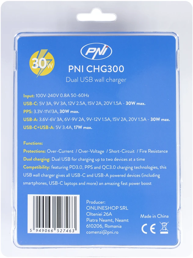 PNI CHG300 maitinimo adapteris su USB C prievadu, QC3.0, PD3.0, PPS ir USB-A prievadu, 30W