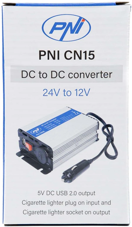 PNI CN15 įtampos keitiklis 180W, 24V-12V, 15A, USB 2.0, apsauga nuo išėjimo trumpojo jungimo