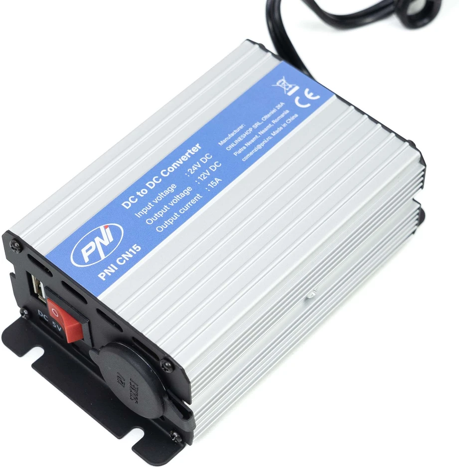 PNI CN15 įtampos keitiklis 180W, 24V-12V, 15A, USB 2.0, apsauga nuo išėjimo trumpojo jungimo