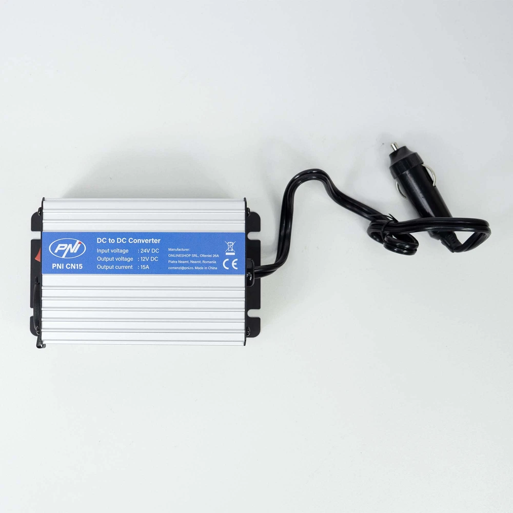 PNI CN15 įtampos keitiklis 180W, 24V-12V, 15A, USB 2.0, apsauga nuo išėjimo trumpojo jungimo