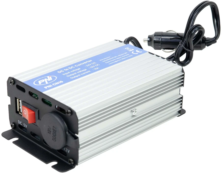 PNI CN15 įtampos keitiklis 180W, 24V-12V, 15A, USB 2.0, apsauga nuo išėjimo trumpojo jungimo