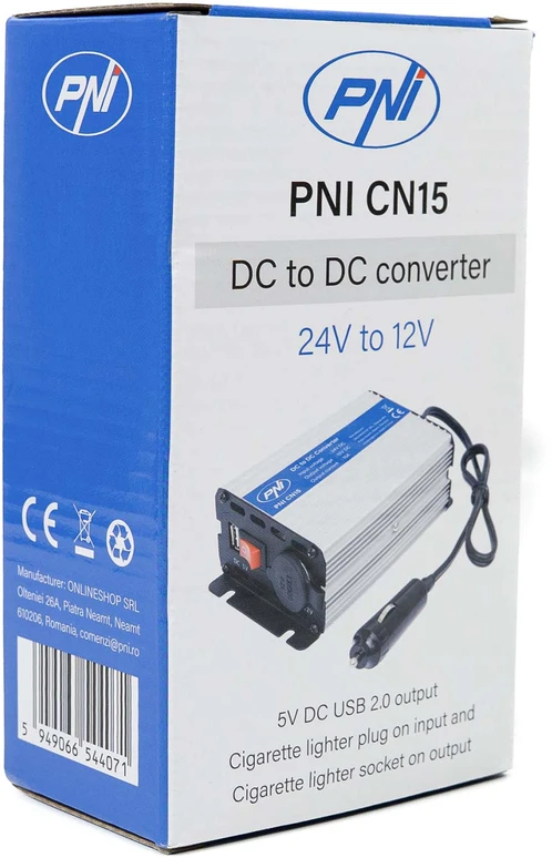 PNI CN15 įtampos keitiklis 180W, 24V-12V, 15A, USB 2.0, apsauga nuo išėjimo trumpojo jungimo