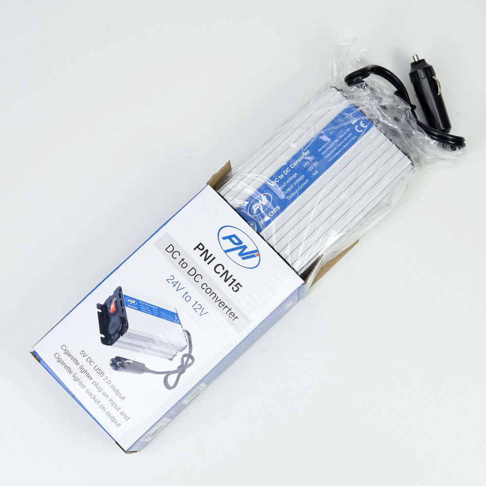 PNI CN15 įtampos keitiklis 180W, 24V-12V, 15A, USB 2.0, apsauga nuo išėjimo trumpojo jungimo