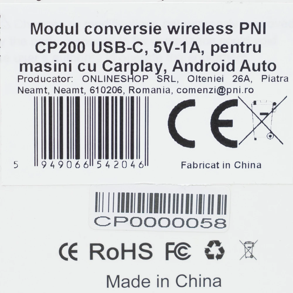 PNI CP200 belaidžio ryšio konvertavimo modulis USB-C, 5V-1A, skirtas automobiliams su gamykline „Carplay“, „Android Auto“ laidine jungtimi