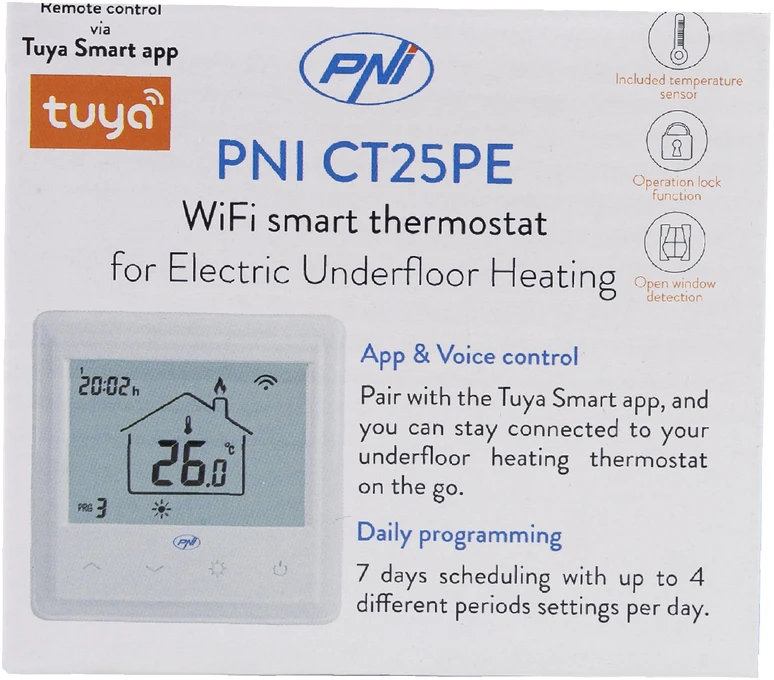 PNI CT25PE išmanusis termostatas su integruotu WiFi, valdymas internetu, elektriniam grindiniam šildymui, Tuya Smart mobilioji programėlė, integravimas į scenarijus ir išmanioji automatizacija su kitais produktais, suderinamais su Tuya, Alexa ir Google Assistant