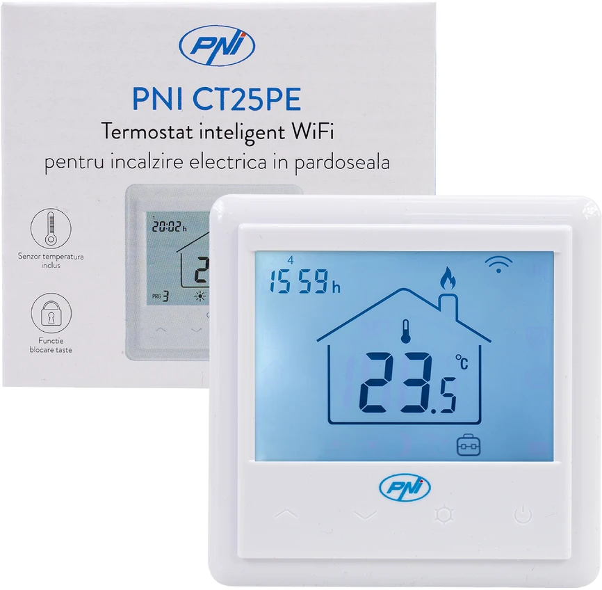 PNI CT25PE išmanusis termostatas su integruotu WiFi, valdymas internetu, elektriniam grindiniam šildymui, Tuya Smart mobilioji programėlė, integravimas į scenarijus ir išmanioji automatizacija su kitais produktais, suderinamais su Tuya, Alexa ir Google Assistant