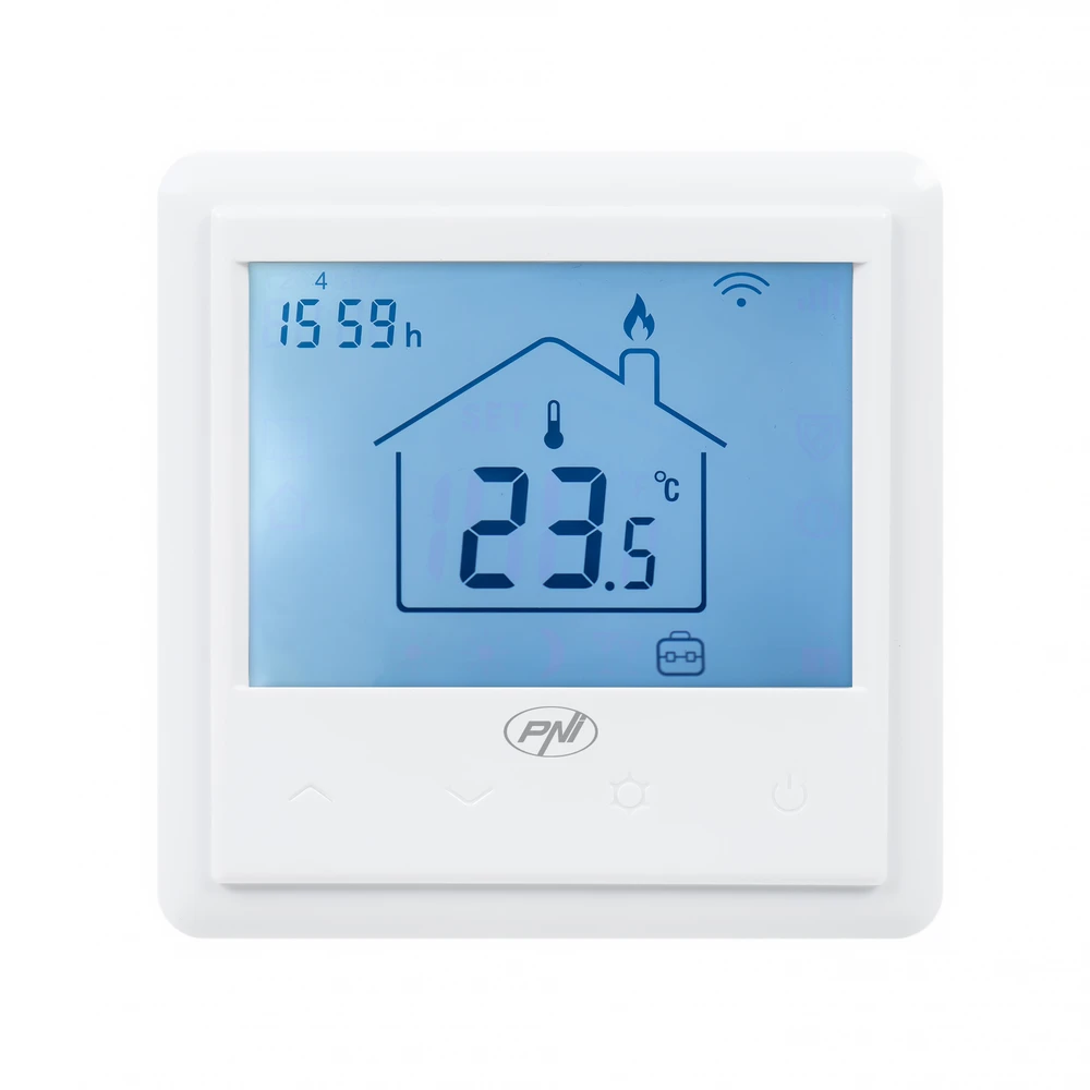 PNI CT25PE išmanusis termostatas su integruotu WiFi, valdymas internetu, elektriniam grindiniam šildymui, Tuya Smart mobilioji programėlė, integravimas į scenarijus ir išmanioji automatizacija su kitais produktais, suderinamais su Tuya, Alexa ir Google Assistant