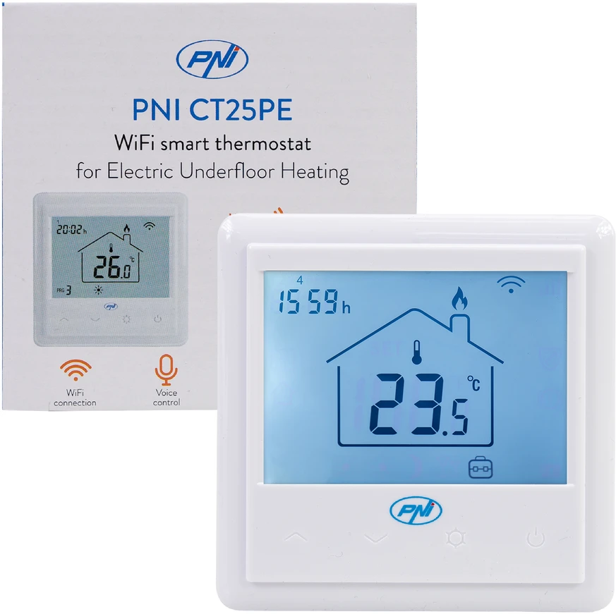 PNI CT25PE išmanusis termostatas su integruotu WiFi, valdymas internetu, elektriniam grindiniam šildymui, Tuya Smart mobilioji programėlė, integravimas į scenarijus ir išmanioji automatizacija su kitais produktais, suderinamais su Tuya, Alexa ir Google Assistant